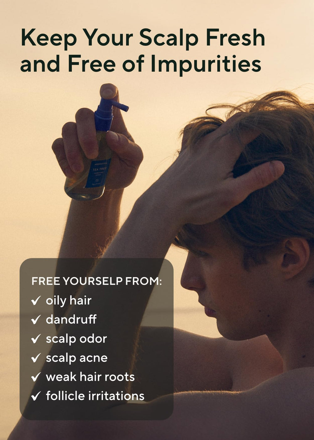 AROMATICA Tea Tree Purifying Tonic spray nozzle applying to scalp
