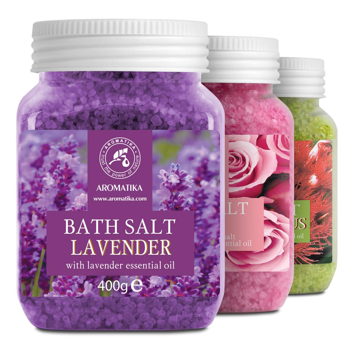 AROMATIKA bath salts set Lavender bottle—calming relaxation for evening routines.