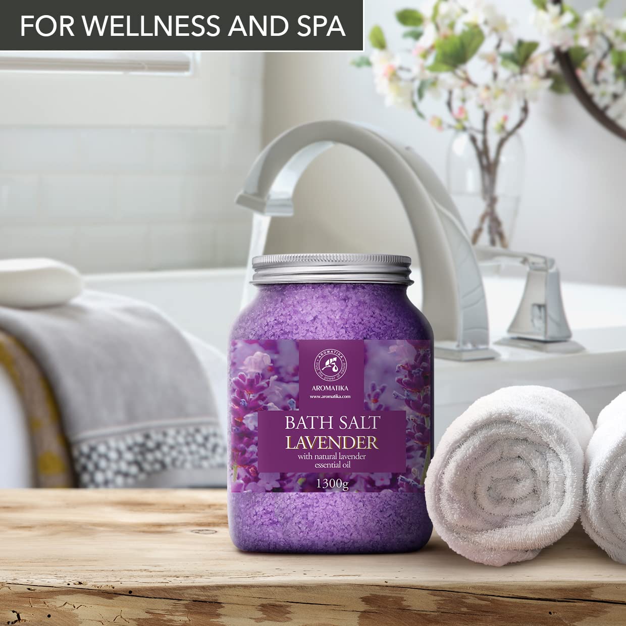 AROMATIKA lavender bath salts in tub with steam for mood uplift and calm