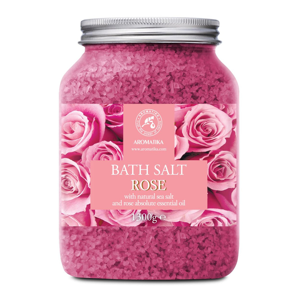 AROMATIKA rose bath salts 46oz packaging showcases natural ingredients for soothing relaxation.