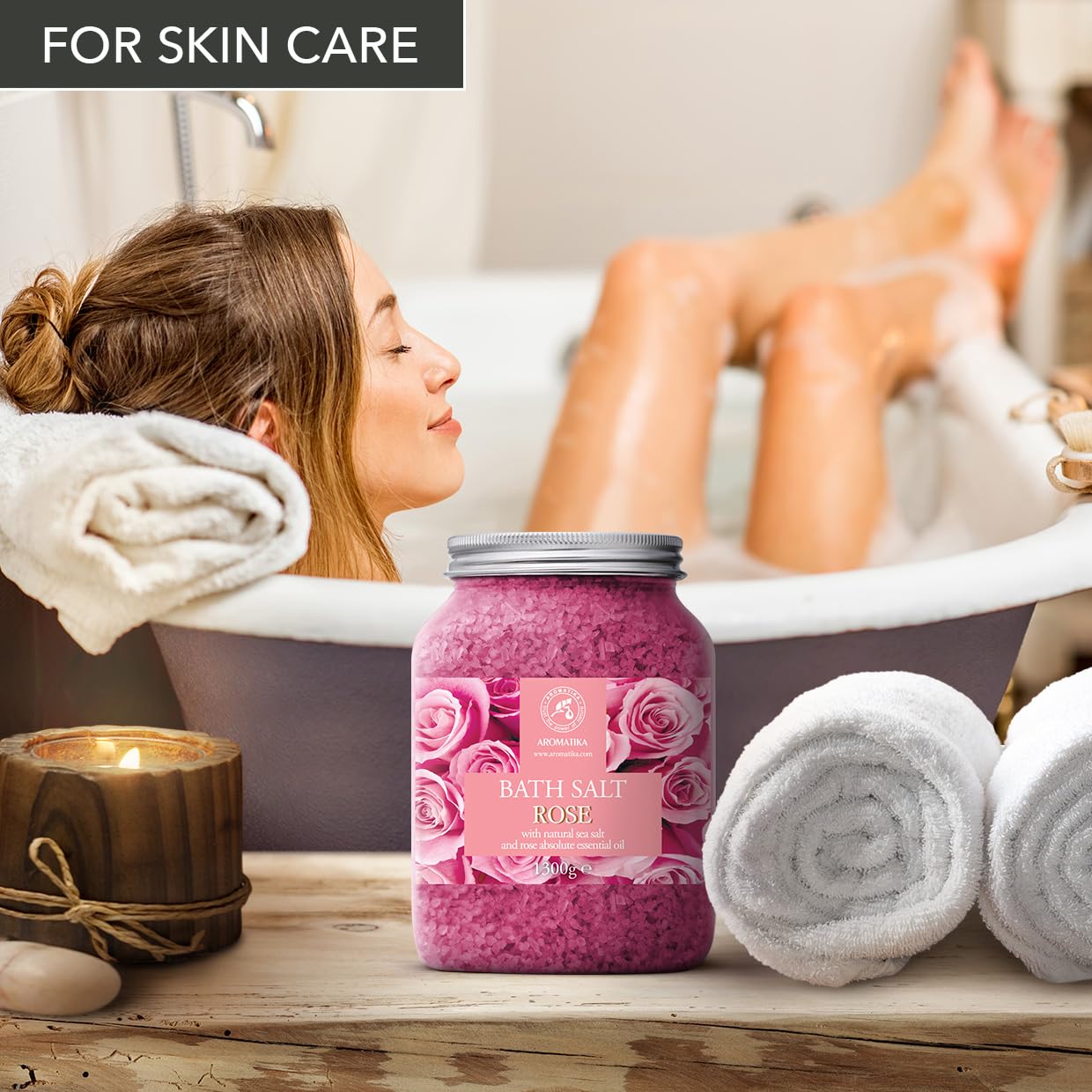 AROMATIKA rose bath salts natural ingredients jar displays rose oil and sea salt.