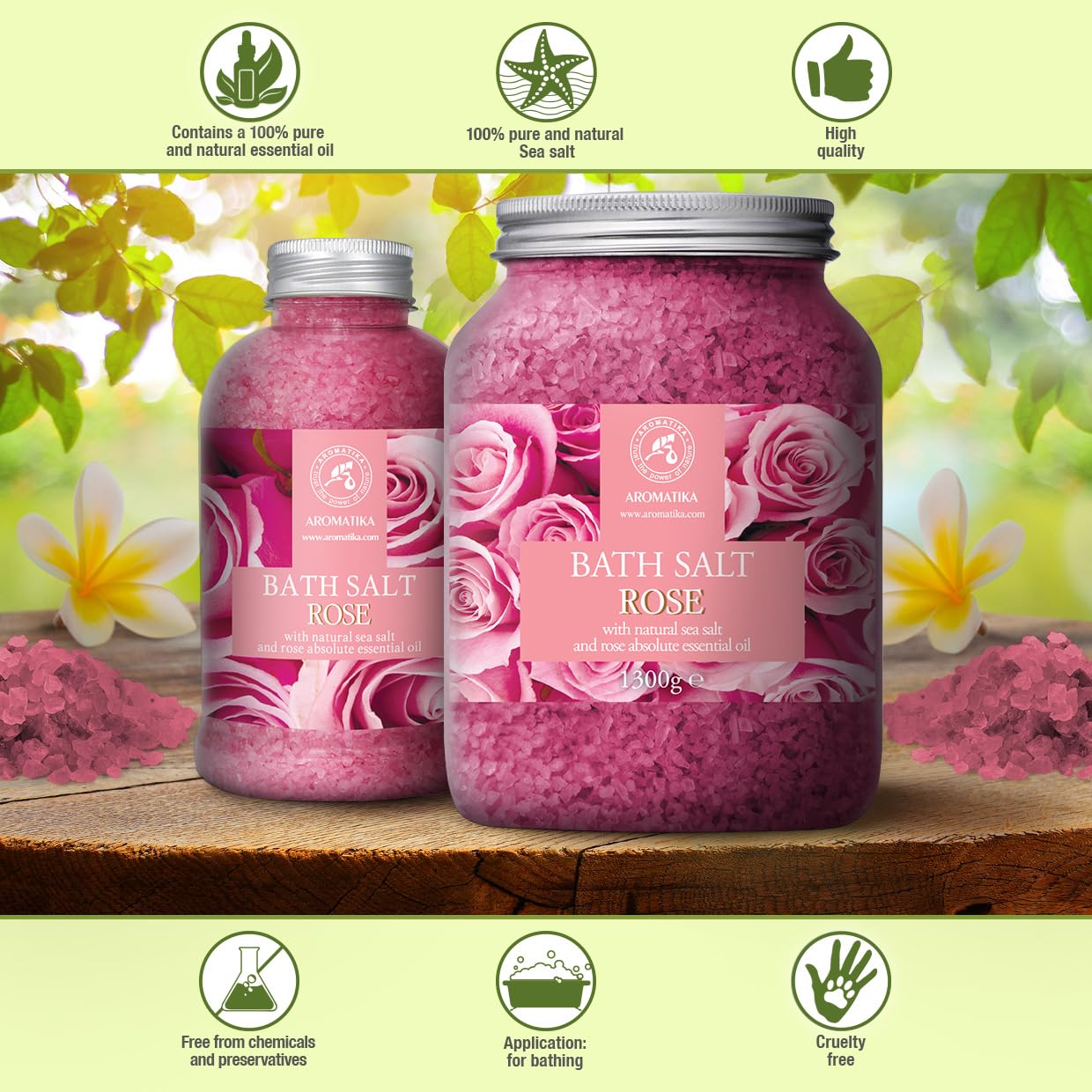 AROMATIKA rose bath salts rose petal closeup highlights delicate petals and calming scent.
