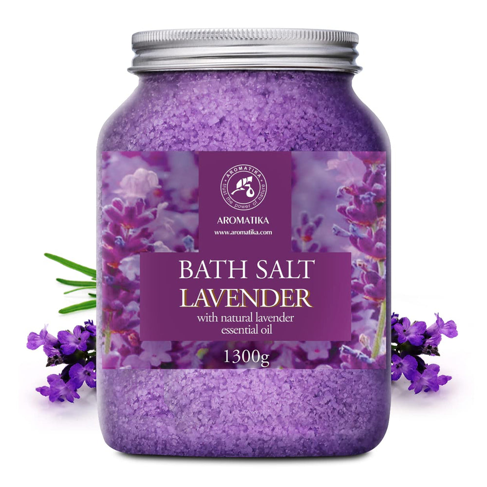 AROMATIKA sea salt lavender bath salts bottle closeup highlighting soothing lavender scent