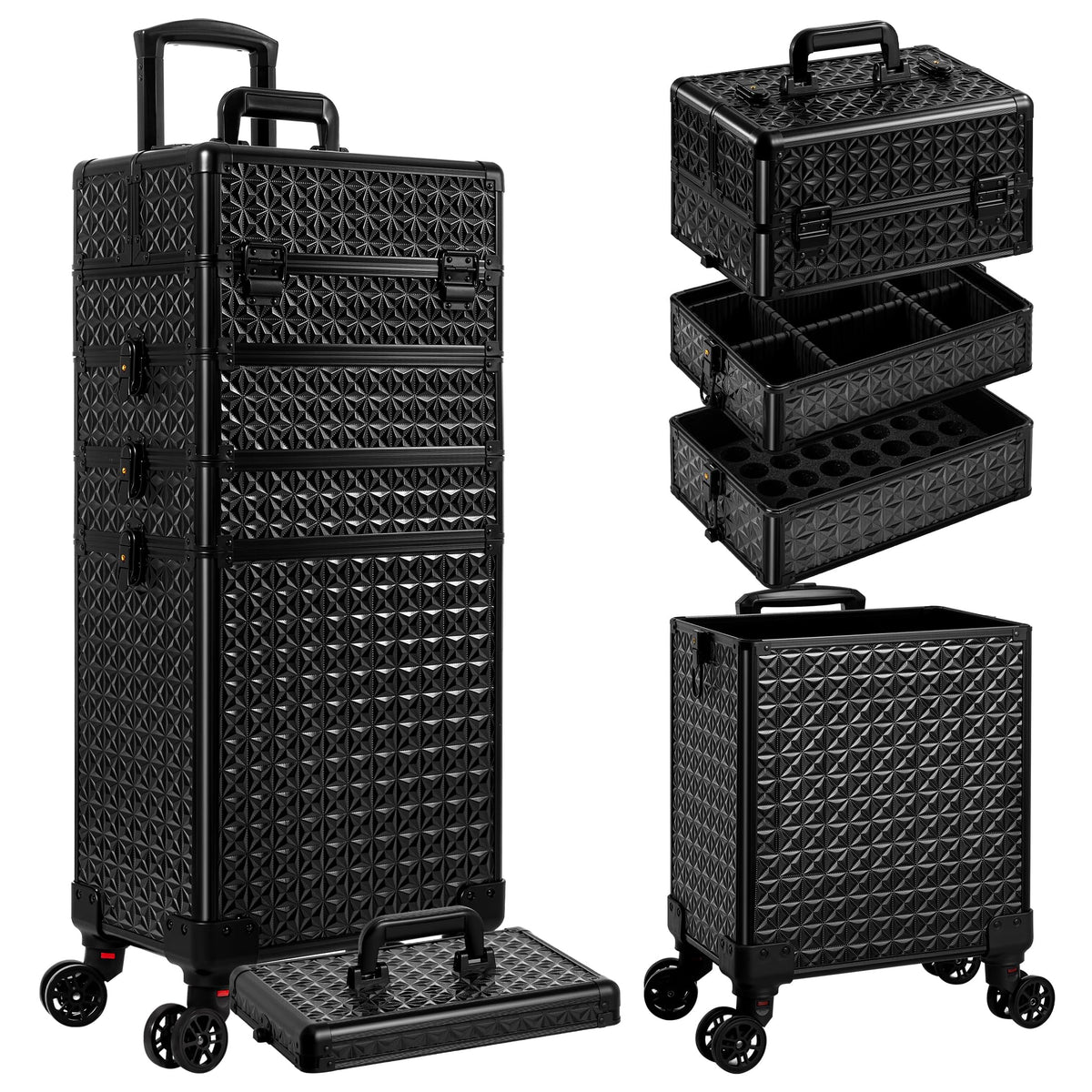 AROUS 5-in-1 rolling makeup train case top compartment, ideal for compact travel-ready kits.