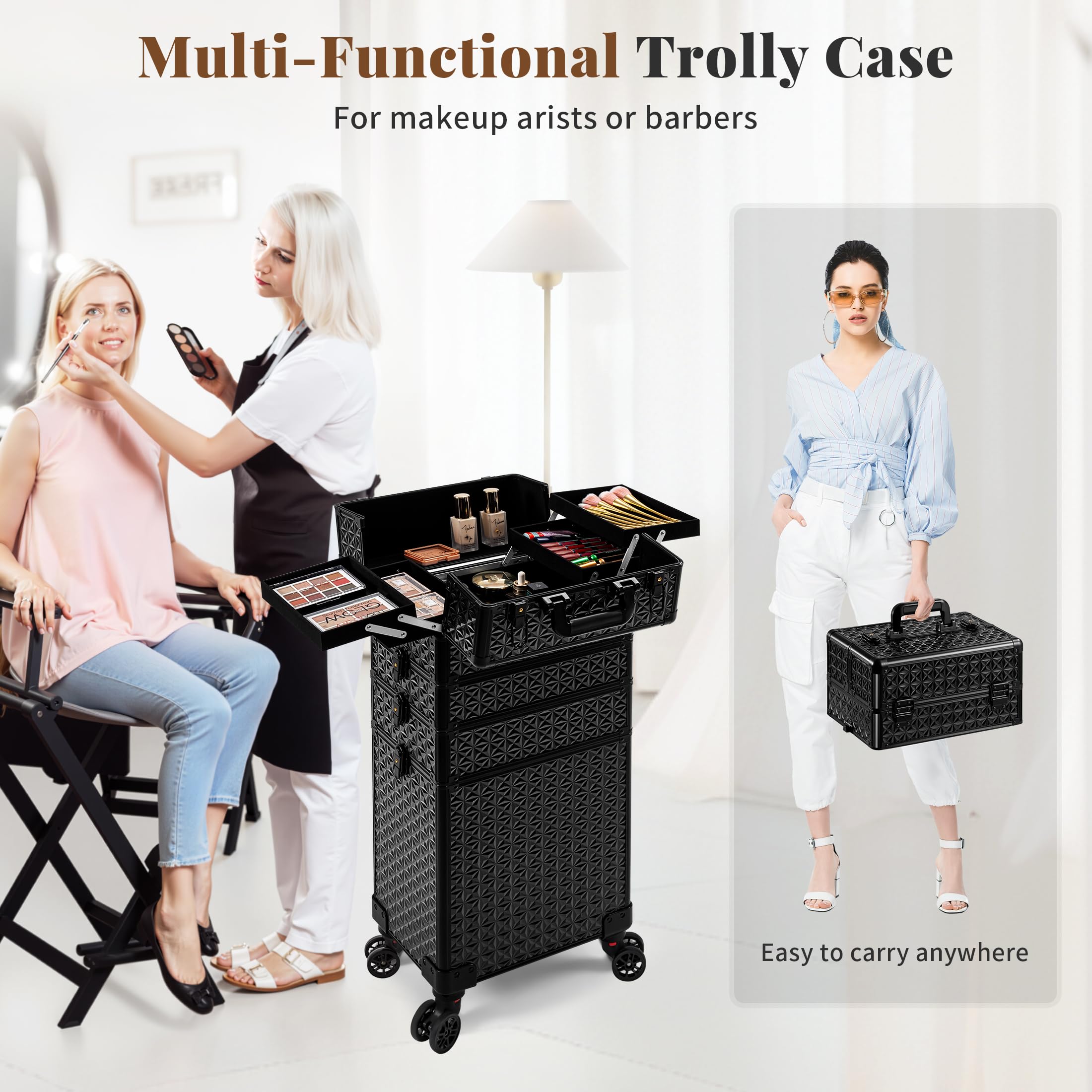 AROUS black professional makeup train case for salon use.