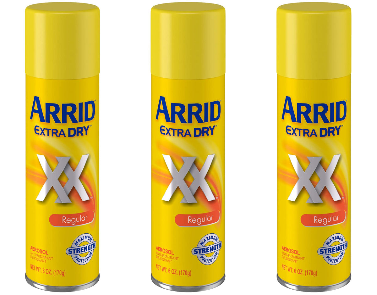 Arrid Extra Dry spray pack-of-3 bottles offering long-lasting odor protection.