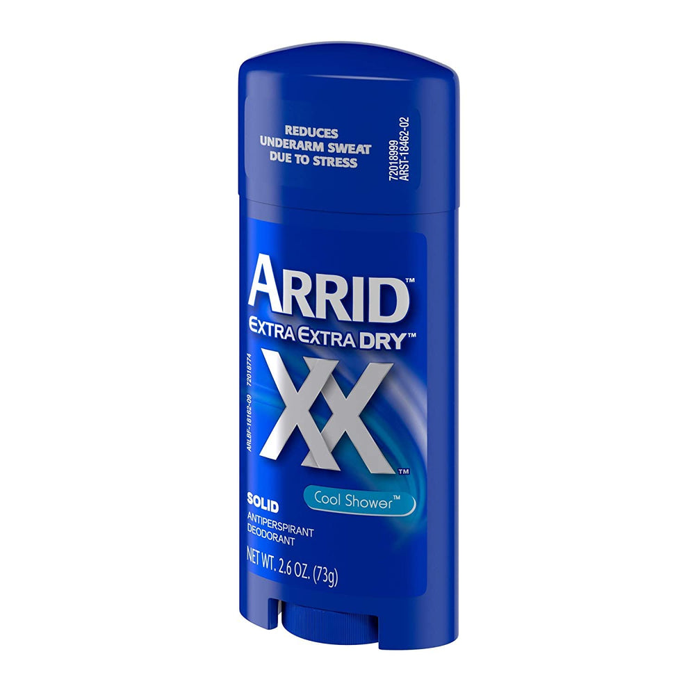 Arrid XX Cool Shower packaging back-label closeup detailing 3-pack value and usage directions.