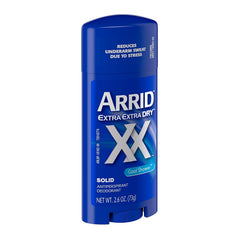 Arrid XX Cool Shower deodorant stick closeup highlighting solid formula for reliable daily odor control.