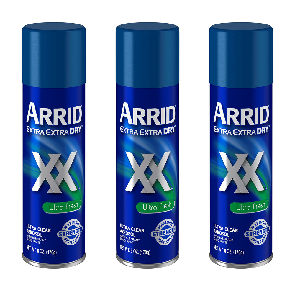 Arrid XX Ultra Clear deodorant spray bottle for all-day freshness.
