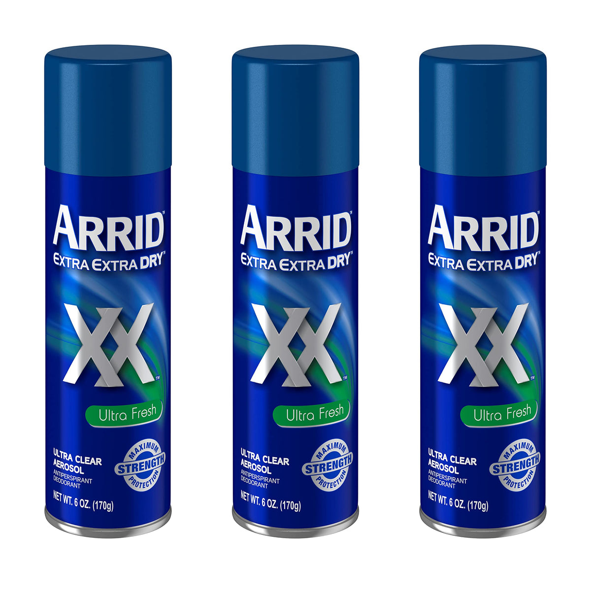 Arrid XX Ultra Clear deodorant spray bottle for all-day freshness.