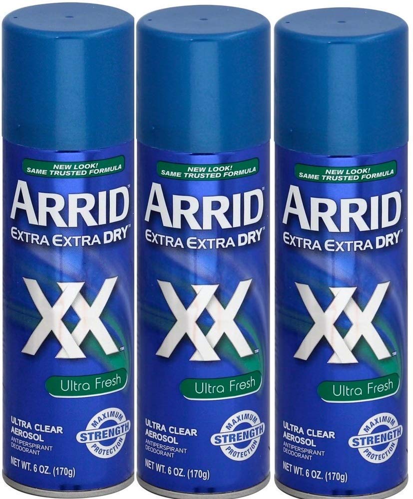 Arrid XX Ultra Clear deodorant spray bottle delivers 24-hour protection with Ultra Fresh scent.