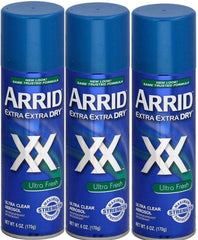 Arrid XX Ultra Clear deodorant spray bottle delivers 24-hour protection with Ultra Fresh scent.