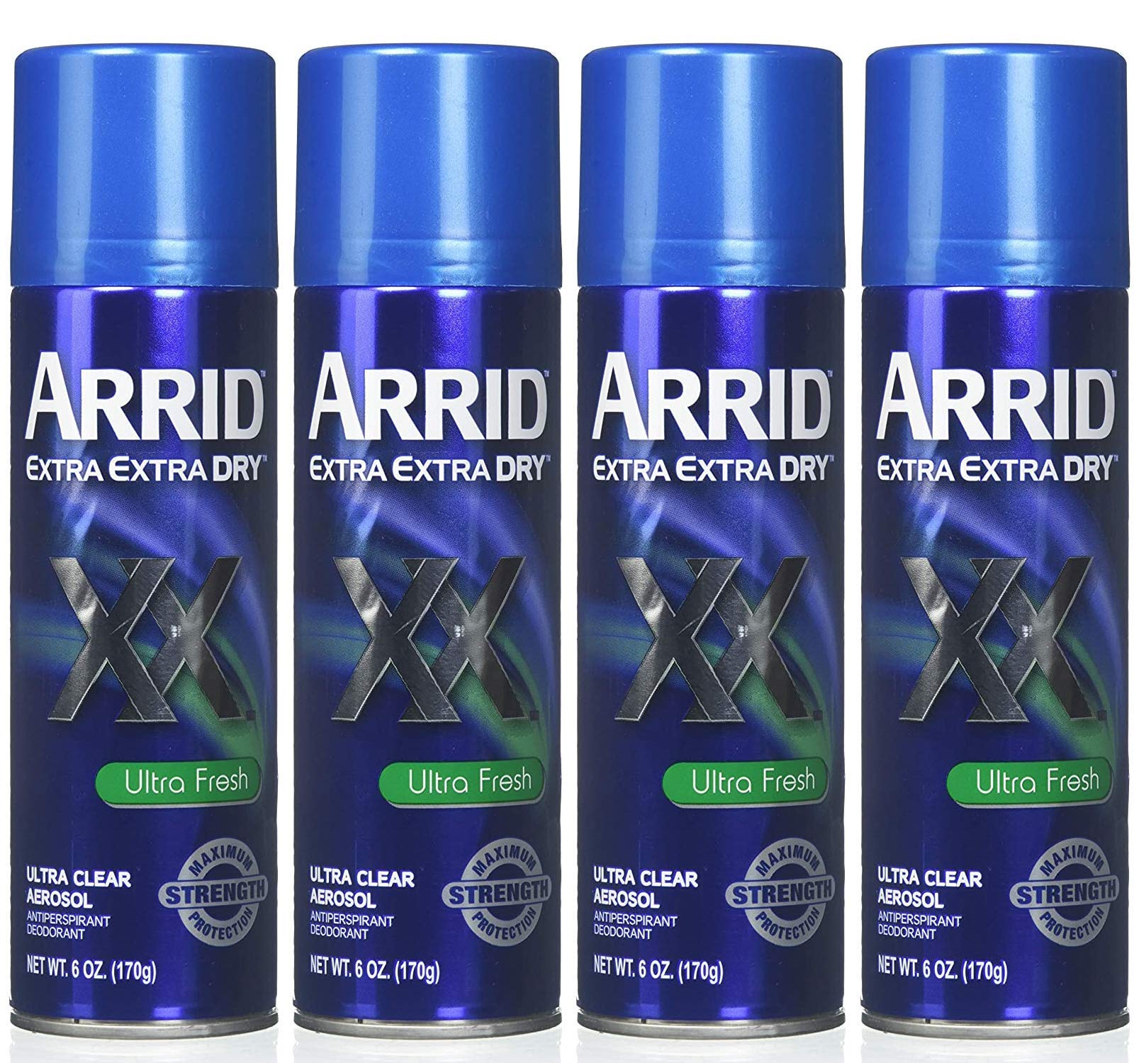 Arrid XX Ultra Clear spray bottle with Ultra Fresh scent for all-day protection.