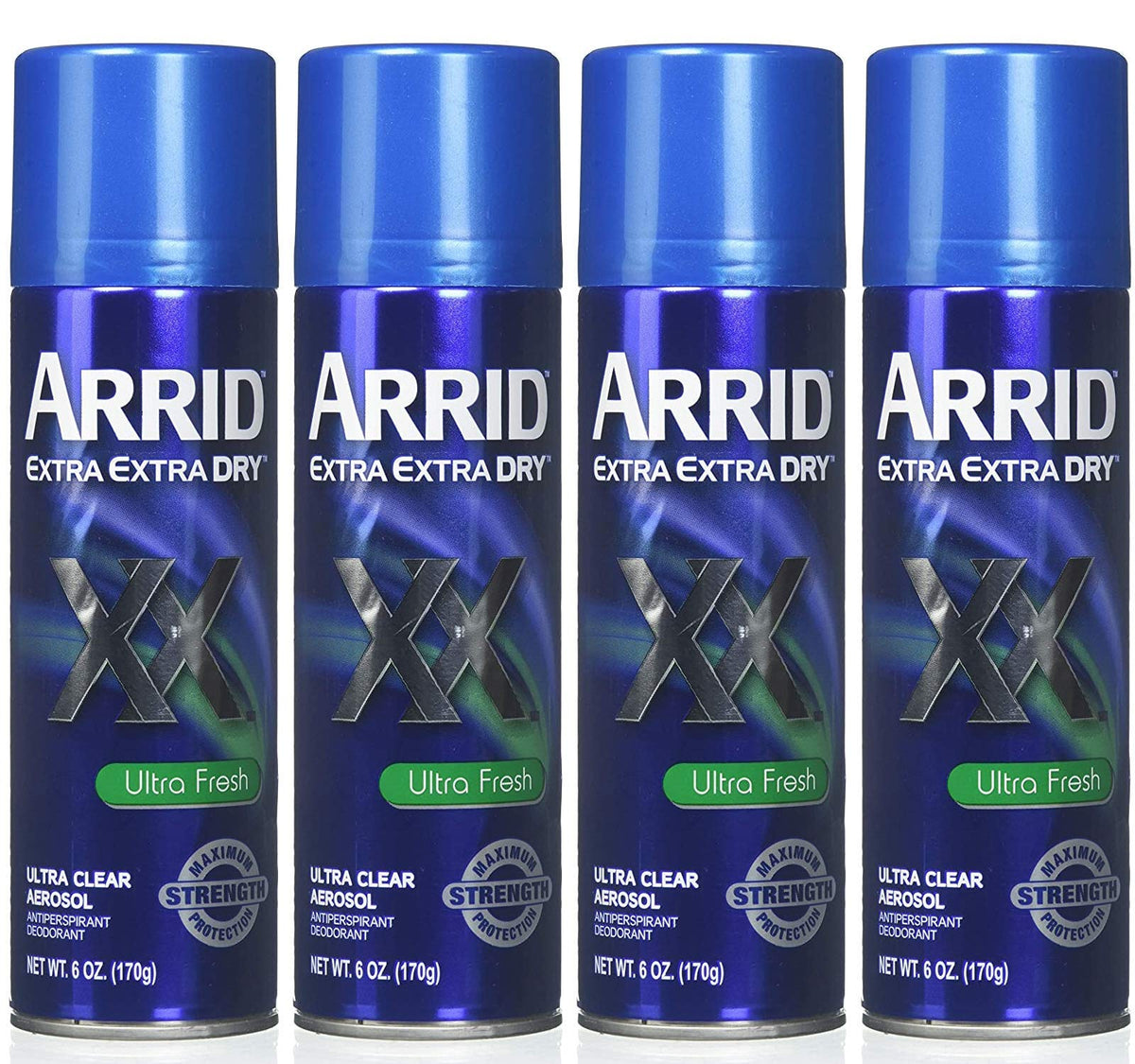 Arrid XX Ultra Clear spray bottle with Ultra Fresh scent for all-day protection.