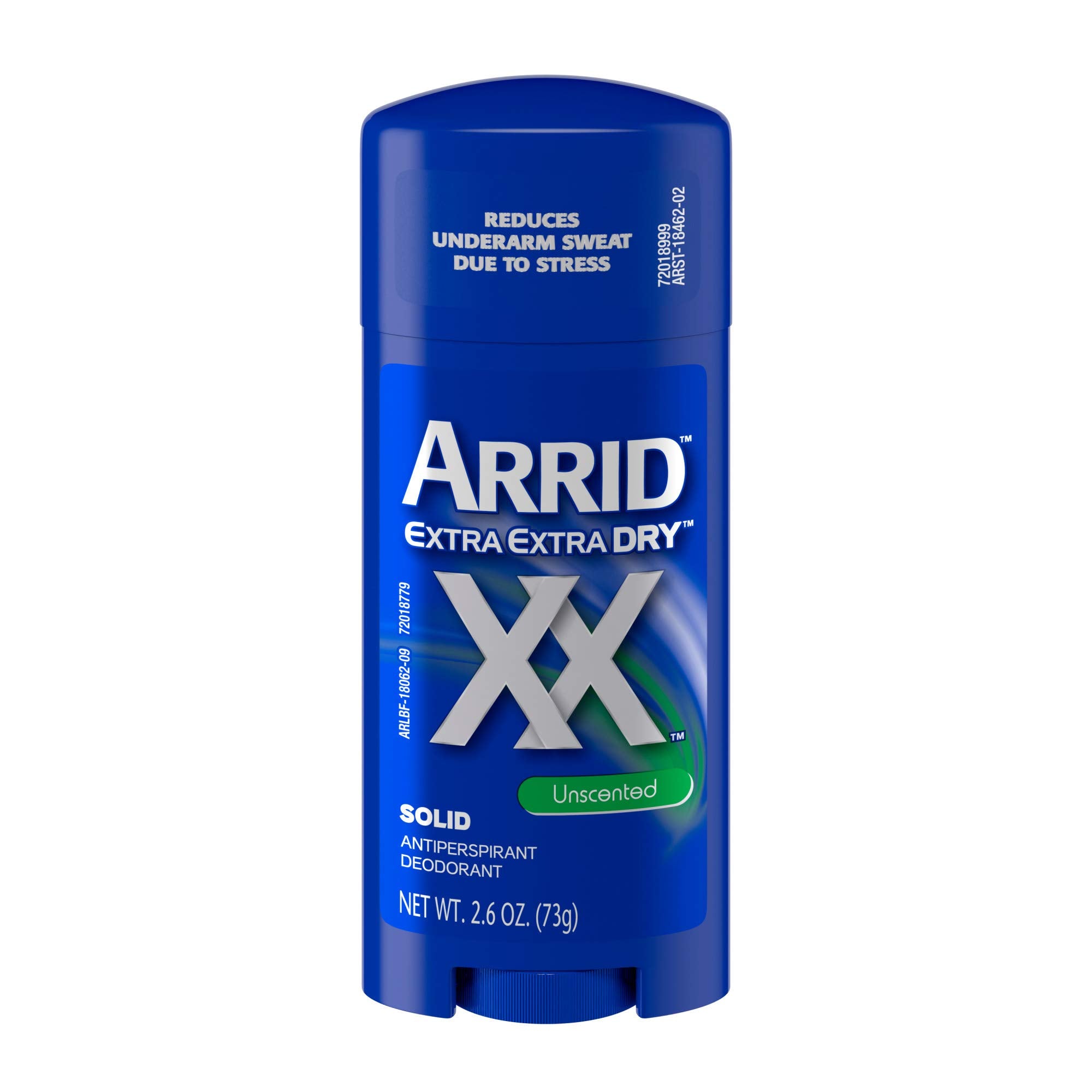 Arrid XX unscented antiperspirant stick in use for 24-hour protection.