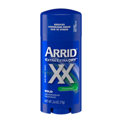 Arrid XX unscented antiperspirant stick in use for 24-hour protection.