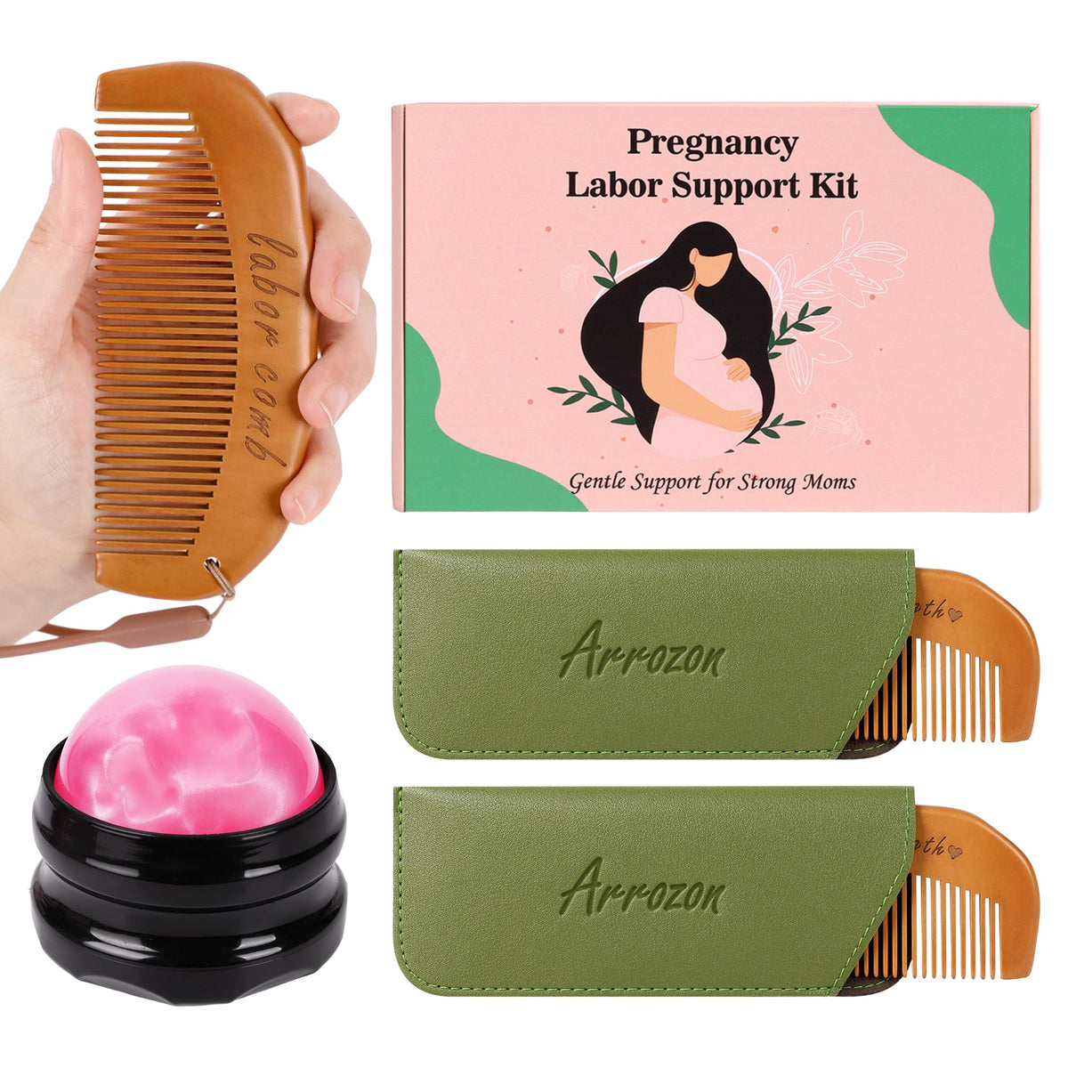 Arrozon labor comb kit packaging highlights complete birth bag essentials