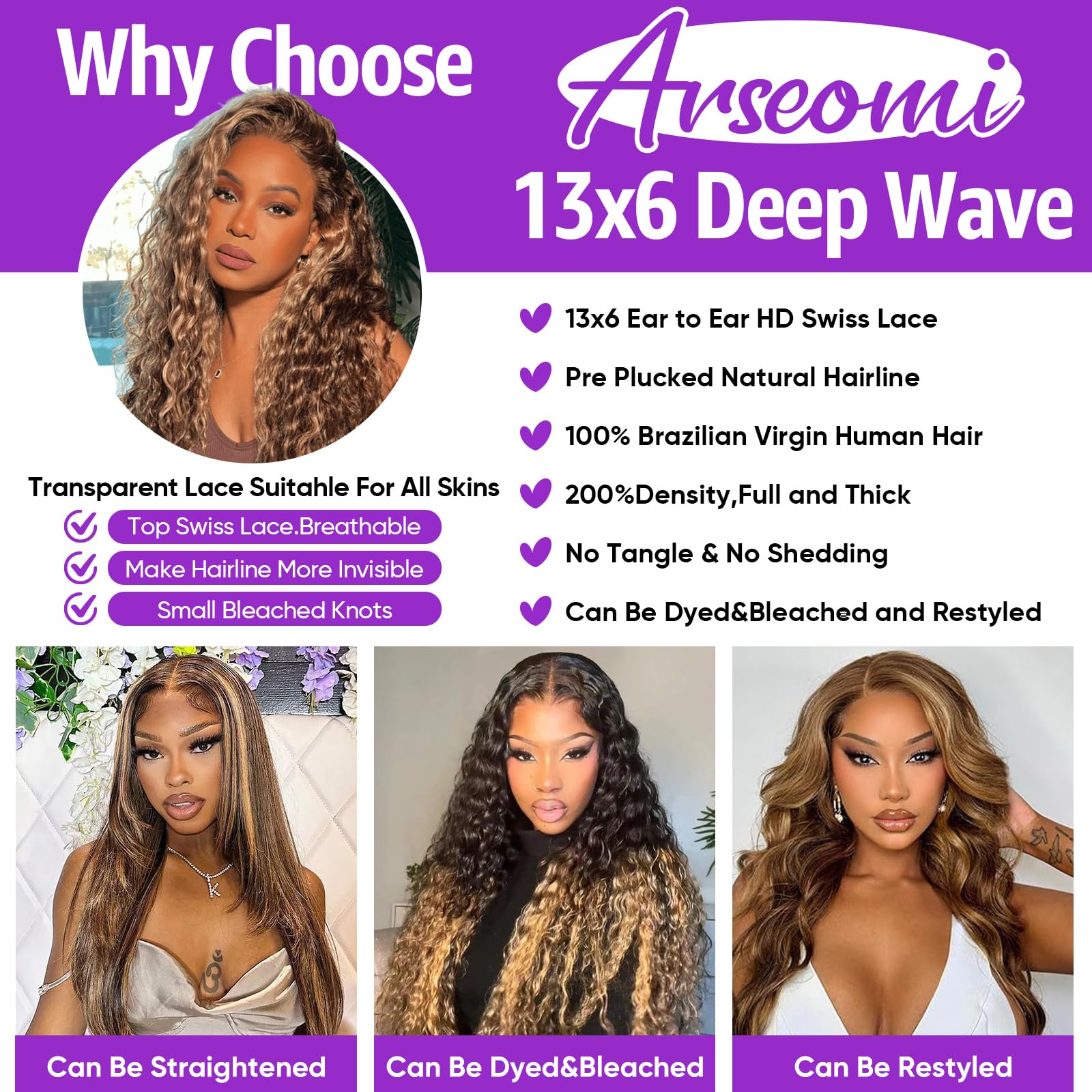 Arseomi 30inch highlight ombre lace front wig back view highlights full-volume impact and coverage.