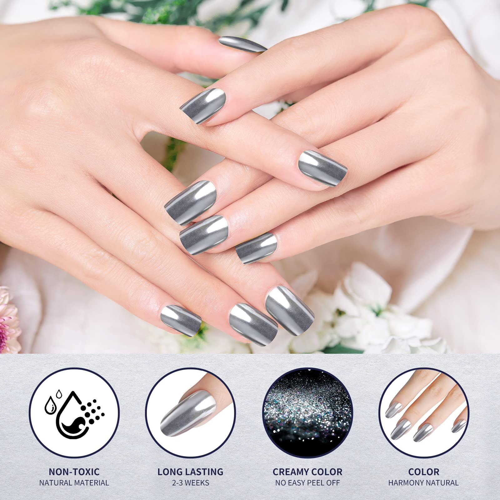 Artdone chrome powder on black background emphasizing vivid mirror finish