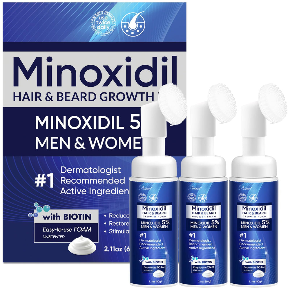 Artimore 5% Minoxidil Foam bottle for thinning hair supports easy application