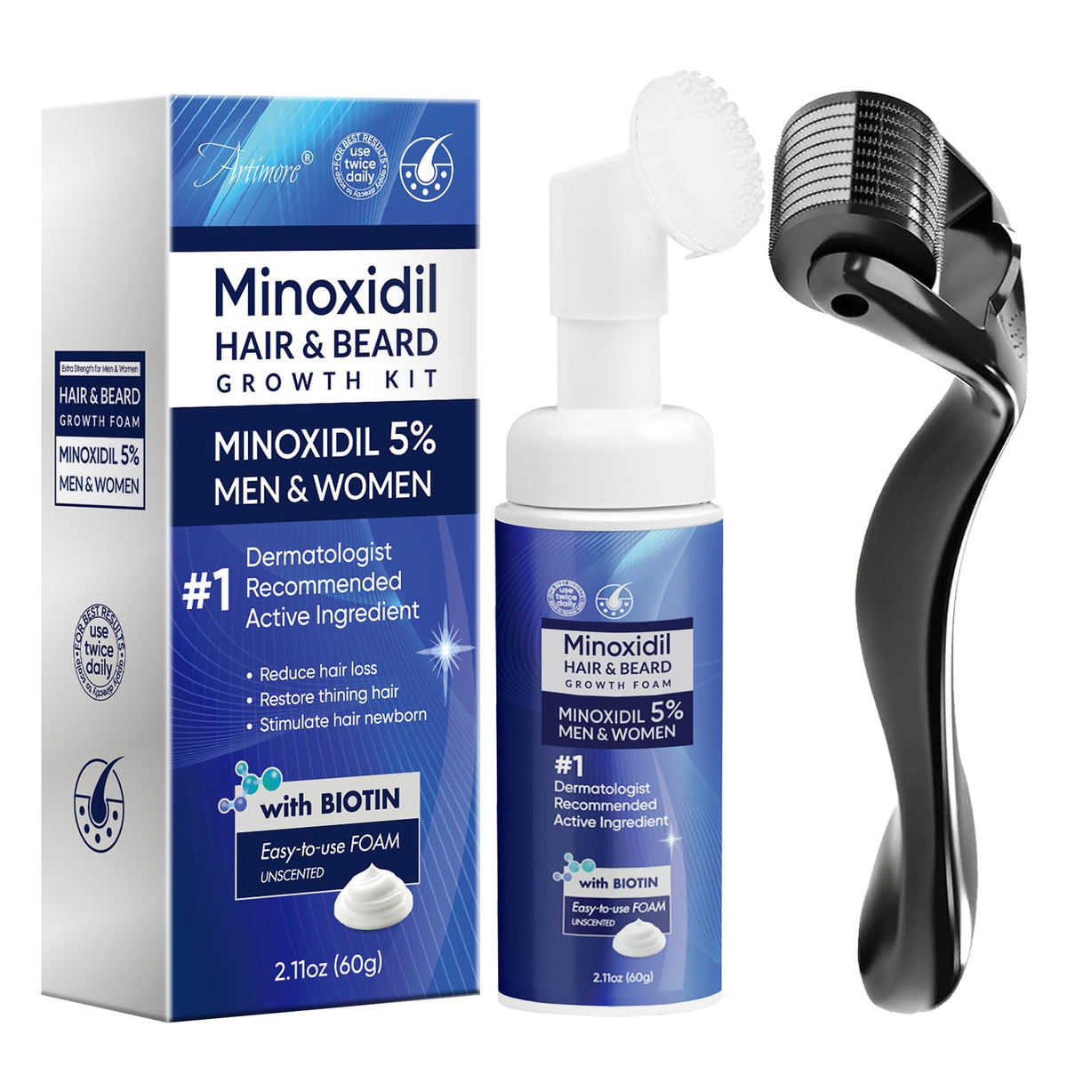 Artimore 5% Minoxidil Foam application aids thinning hair.