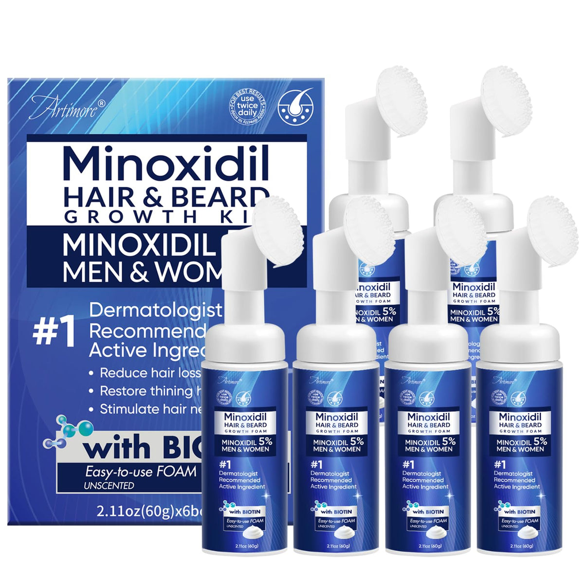 Artimore 5% Minoxidil Foam bottle close-up for reliable hair growth support.