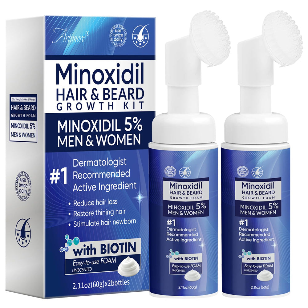 Artimore 5% Minoxidil Foam bottle for thinning hair on scalp.
