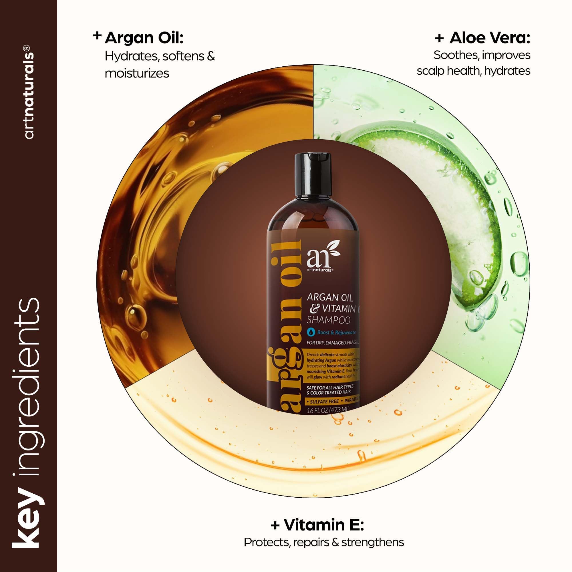 artnaturals Argan Hair Growth Shampoo droplets on bottle suggest hydration and nourishment