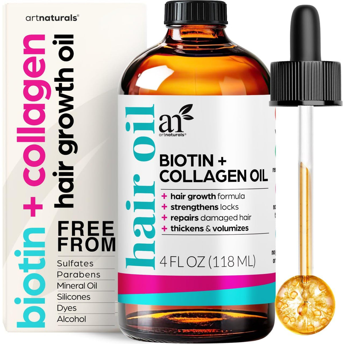 artnaturals Biotin Collagen Hair Oil bottle nourishes and smooths for softer hair.