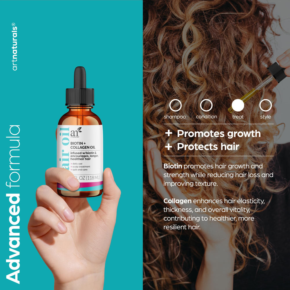artnaturals Biotin Collagen Hair Oil dropper allows precise application for frizz control.