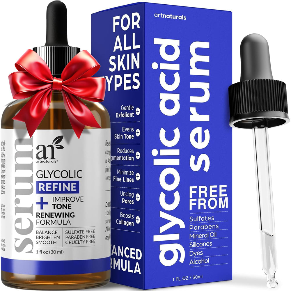artnaturals glycolic-serum-bottle shows exfoliation for brighter, smoother skin.