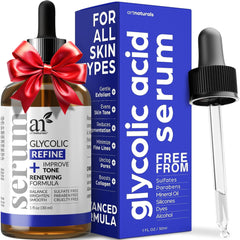 artnaturals glycolic-serum-bottle shows exfoliation for brighter, smoother skin.