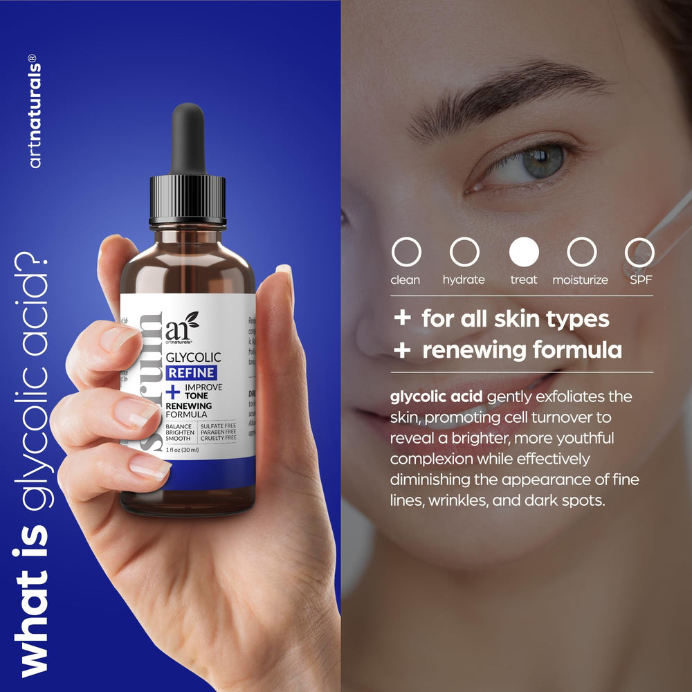 artnaturals glycolic-serum-label-closeup highlights saffron and fruit extracts for brightness.