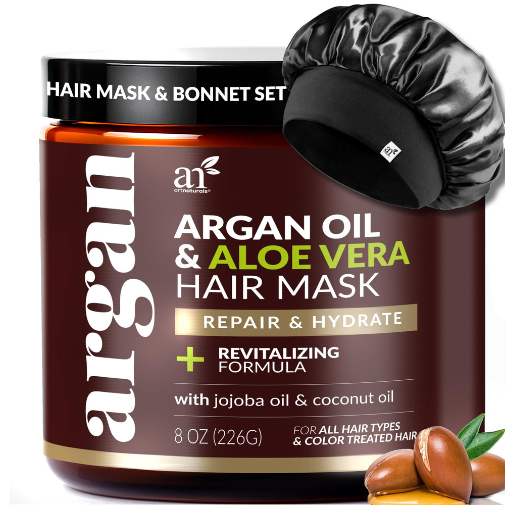 Artnaturals hair mask bottle close-up highlighting argan oil for deep conditioning