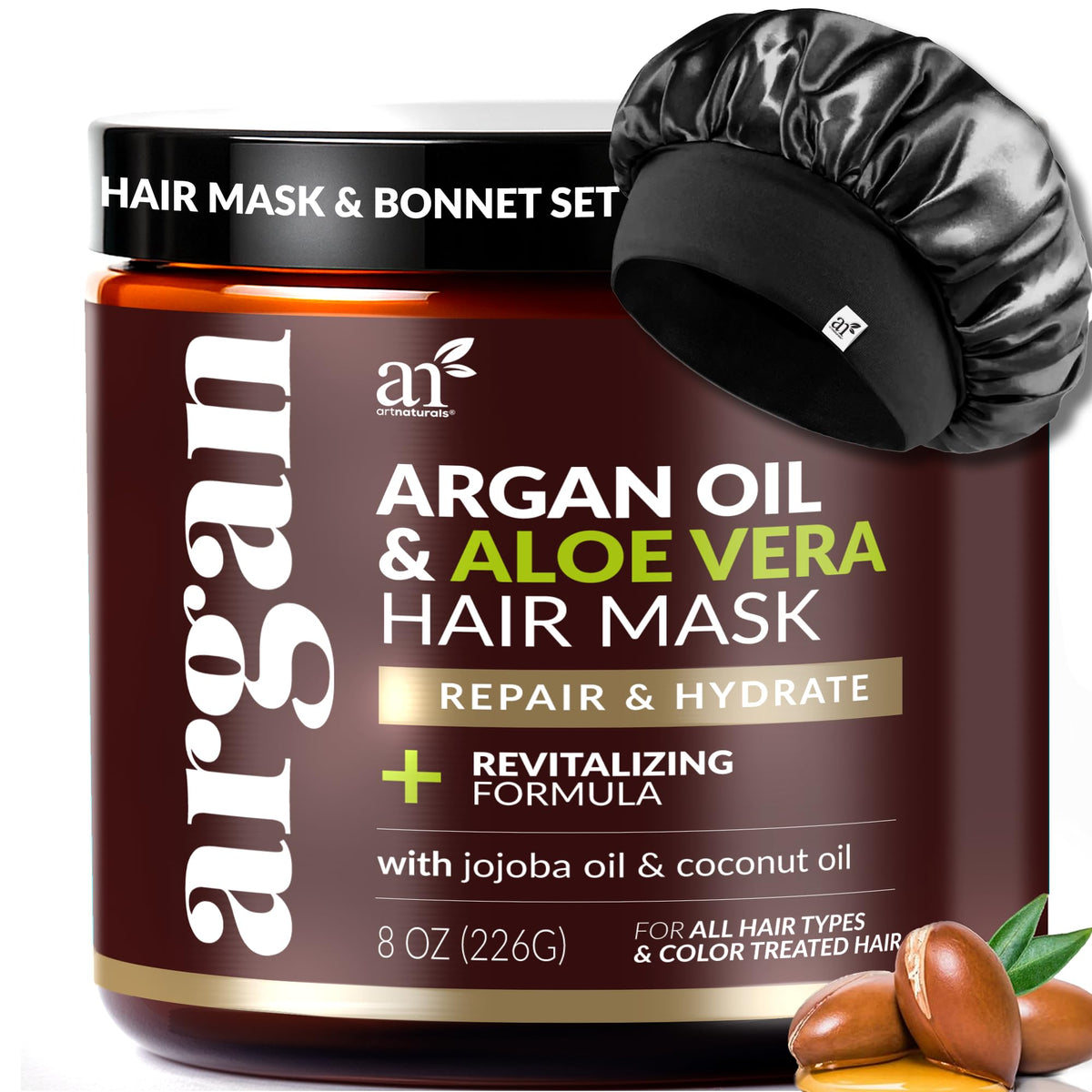 Artnaturals hair mask bottle close-up highlighting argan oil for deep conditioning
