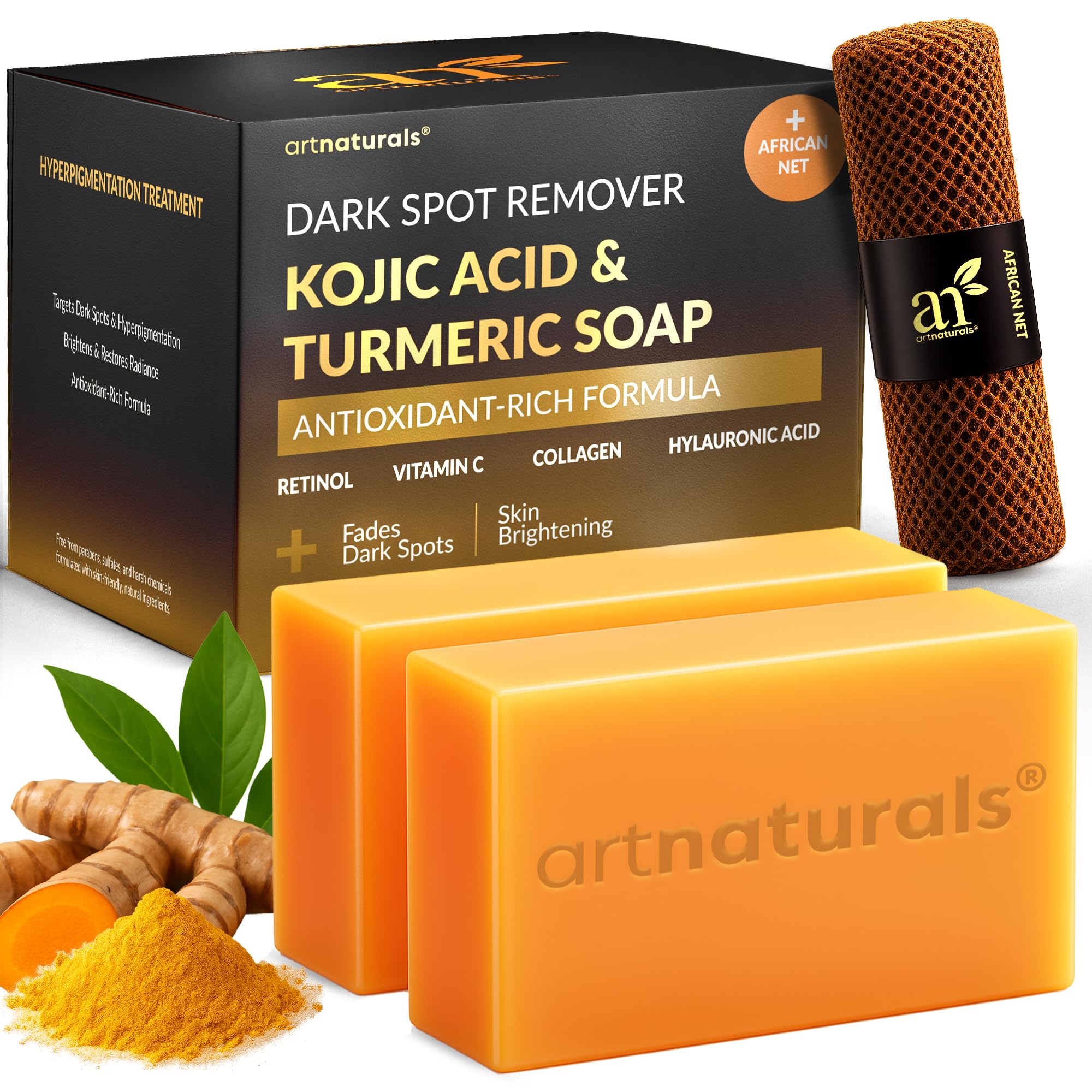 Artnaturals Kojic Acid Soap turmeric bars packaging highlights citrus-scented cleansing.