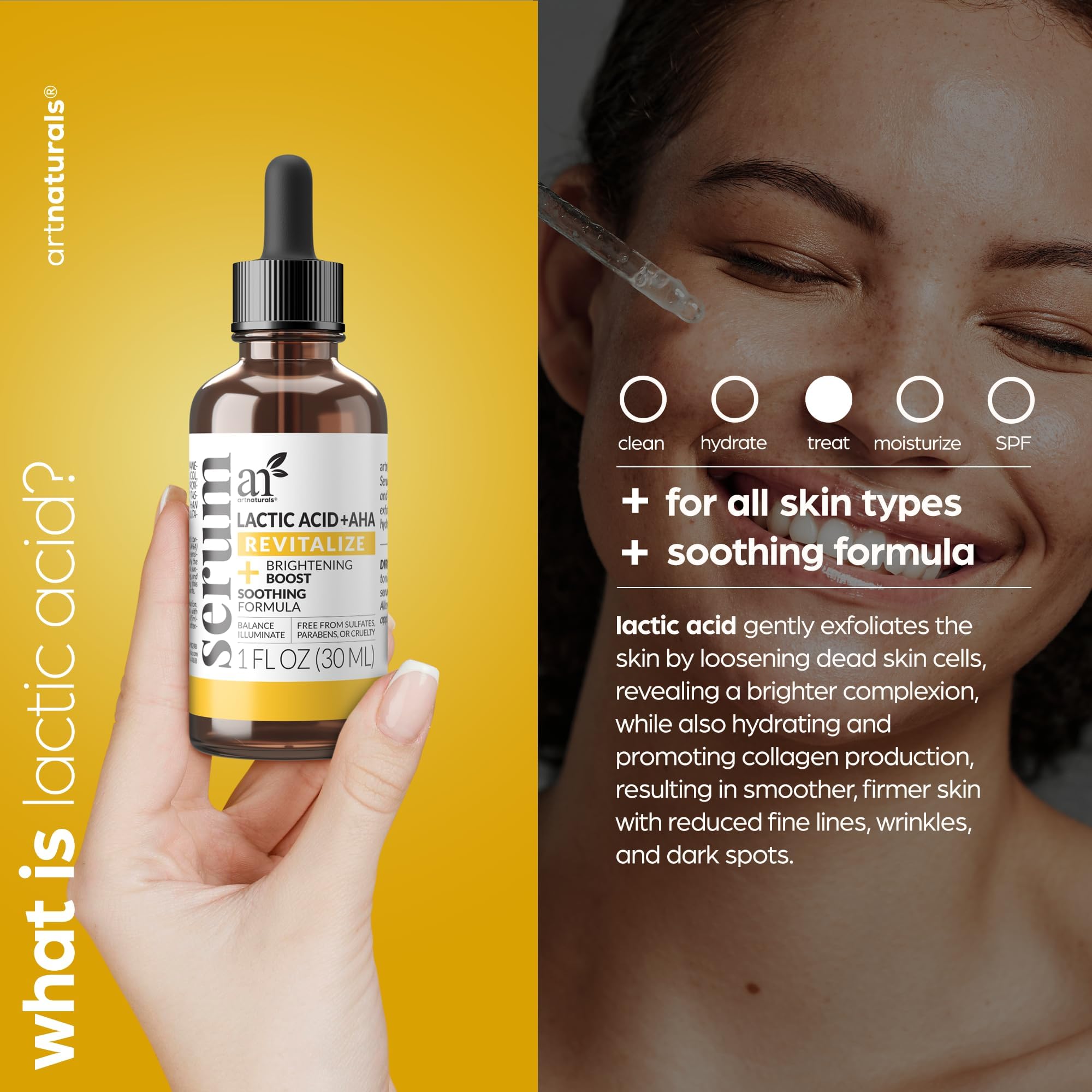 artnaturals Lactic Acid + AHA serum dropper dispensing product for nighttime routine