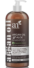 Artnaturals Moroccan Argan Oil Shampoo bottle showing sulfate-free formula for all hair types.
