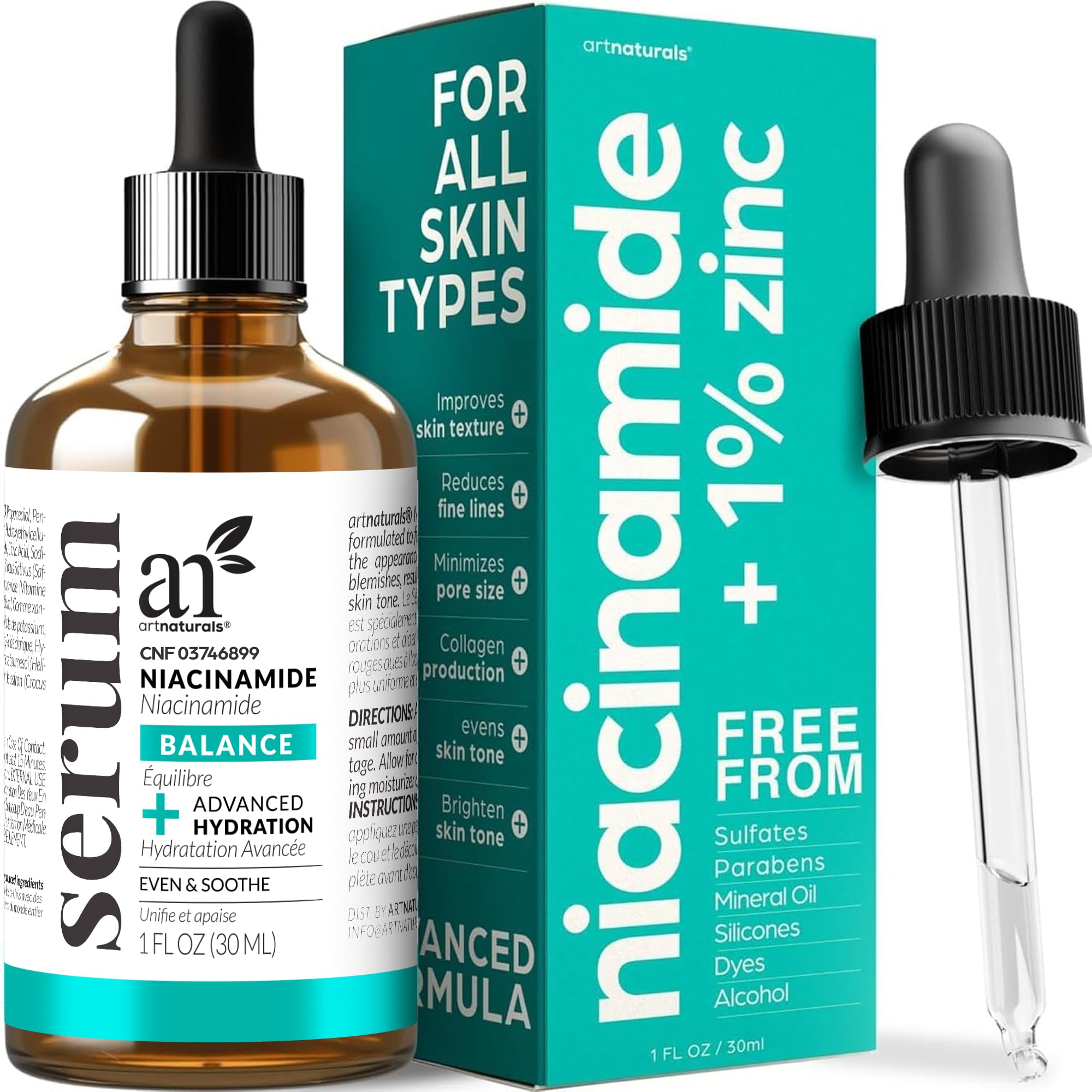 Artnaturals Niacinamide face serum bottle pump for easy application and pore refinement.