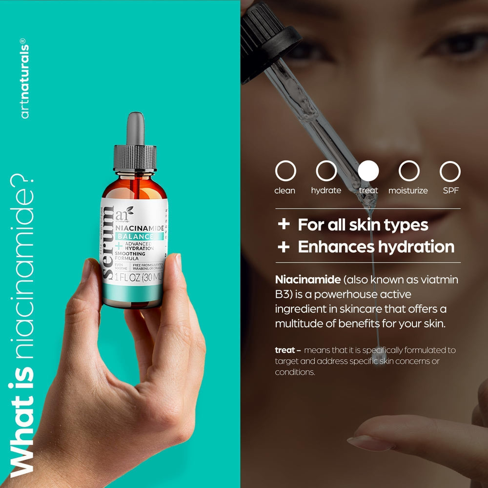 Artnaturals Niacinamide serum dropper showing precise dosing for balanced skin.