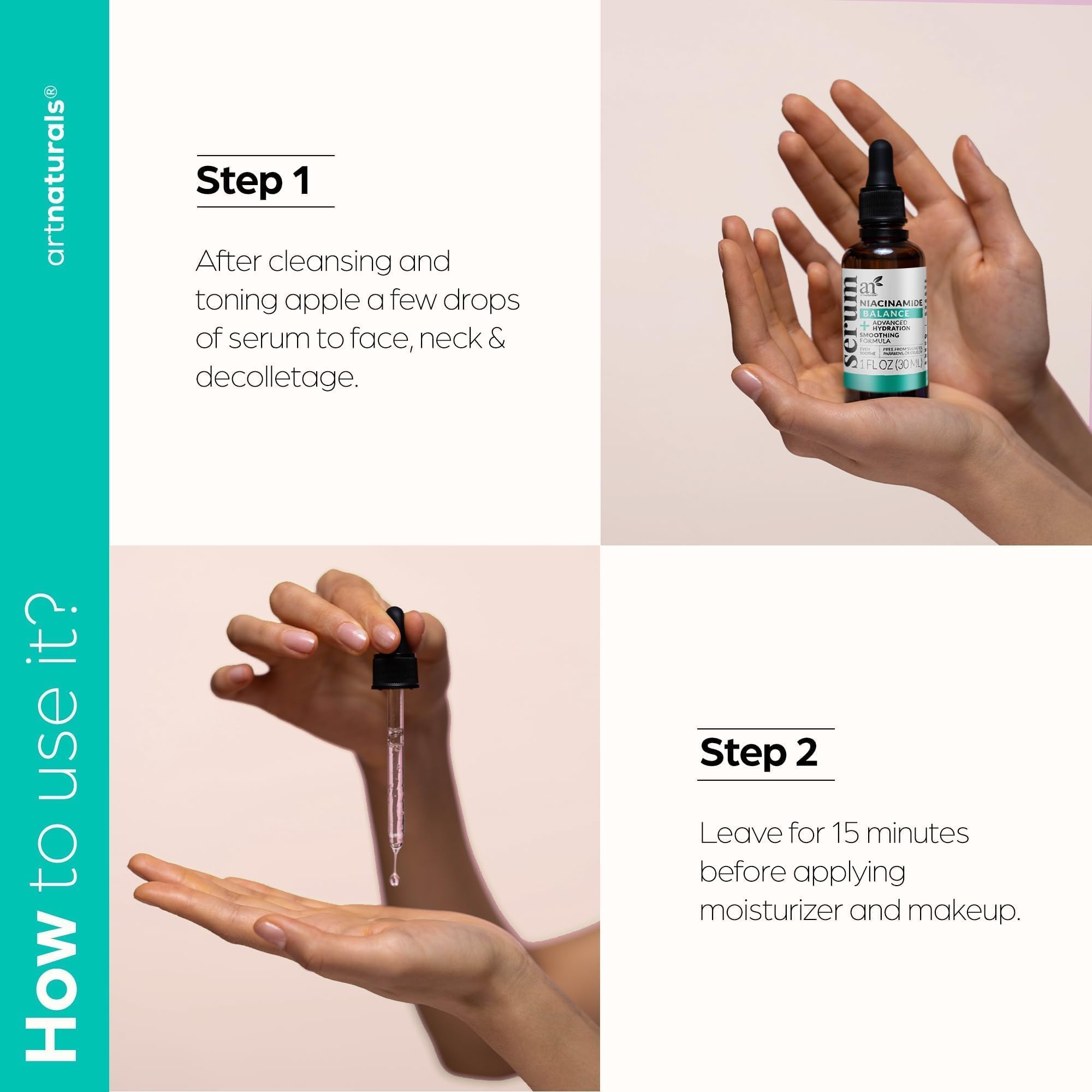 Artnaturals Niacinamide with Zinc PCA ingredient label highlights blemish prevention.