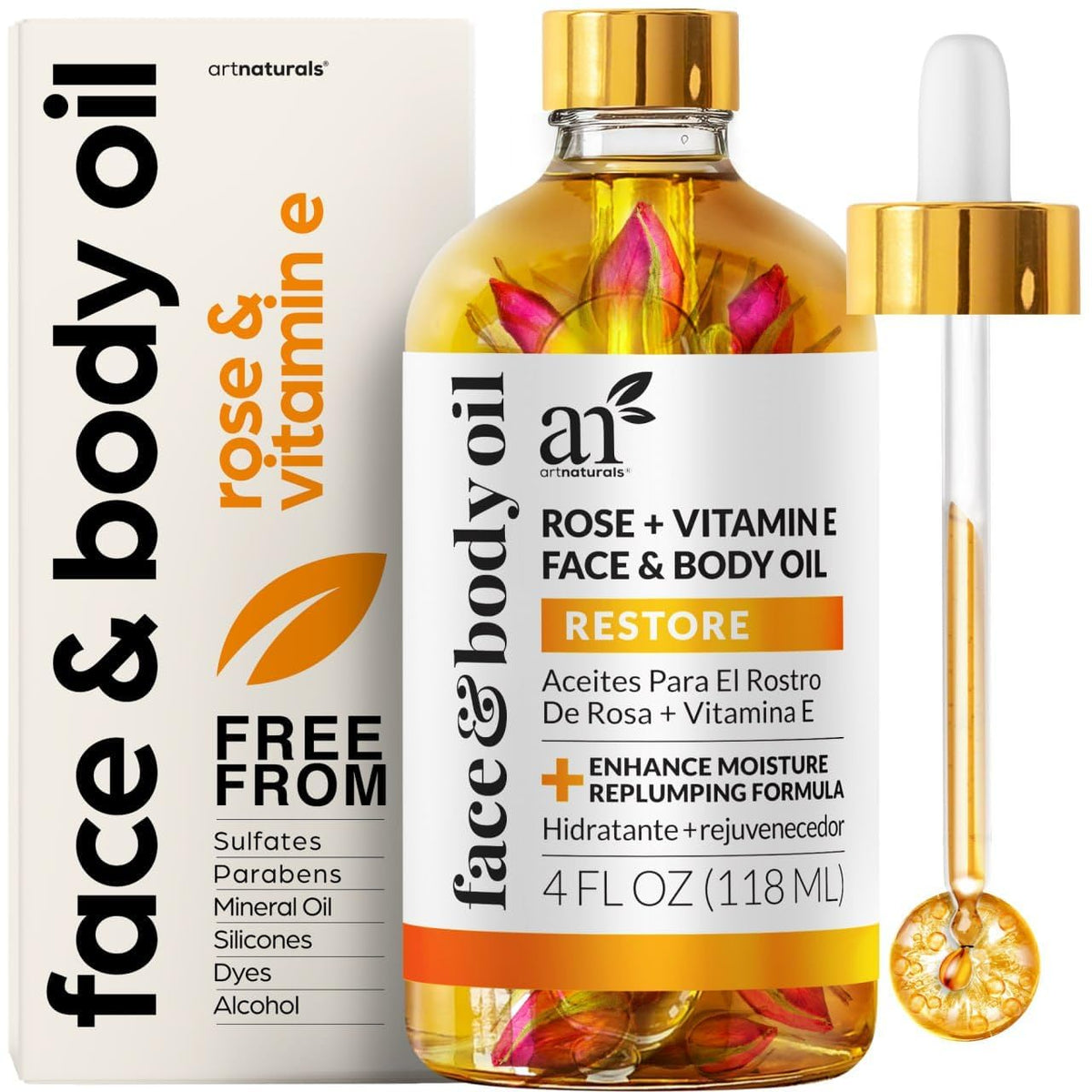 Artnaturals Organic Rose Vitamin E Face Oil bottle delivering deep hydration.
