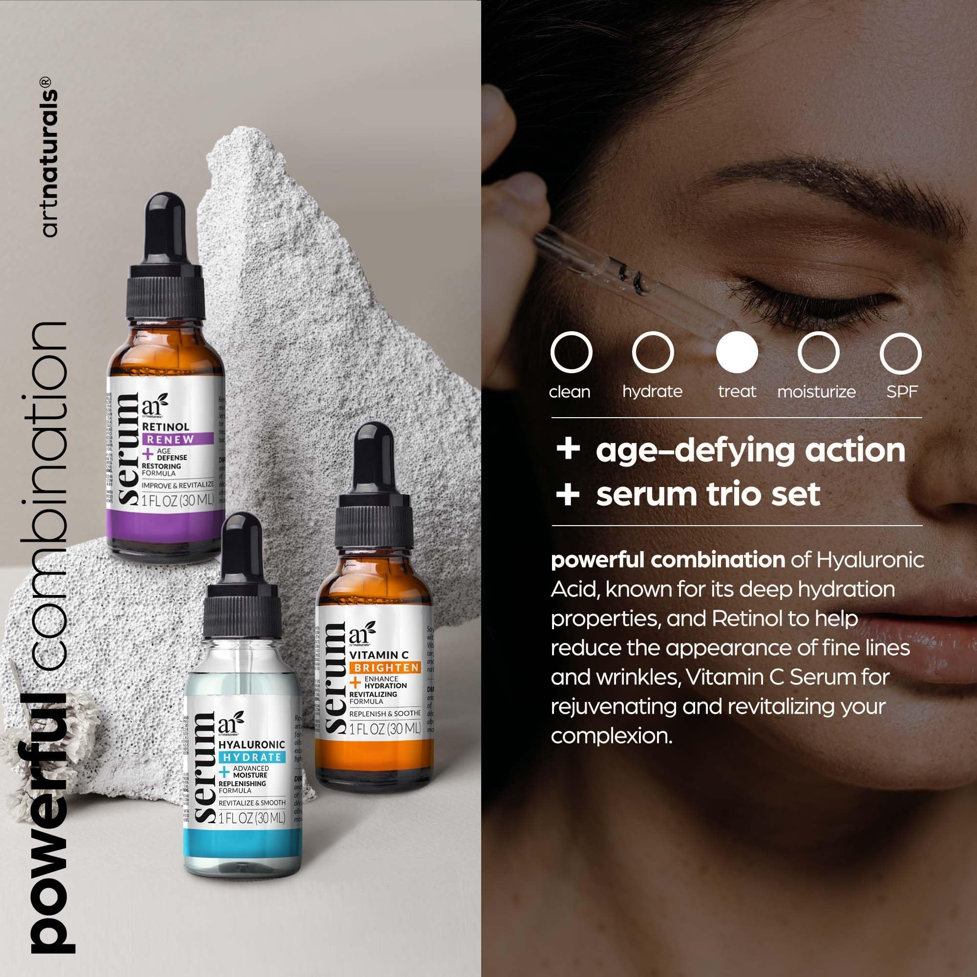 ArtNaturals retinol serum bottle application for overnight anti-aging use.
