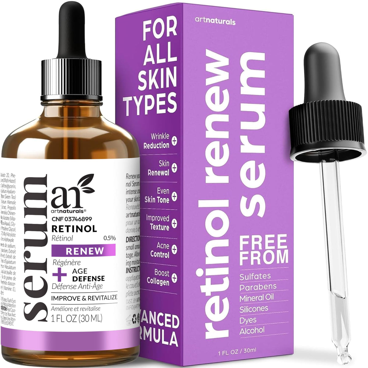 ArtNaturals suero de retinol para rostro, botella lista para uso nocturno.