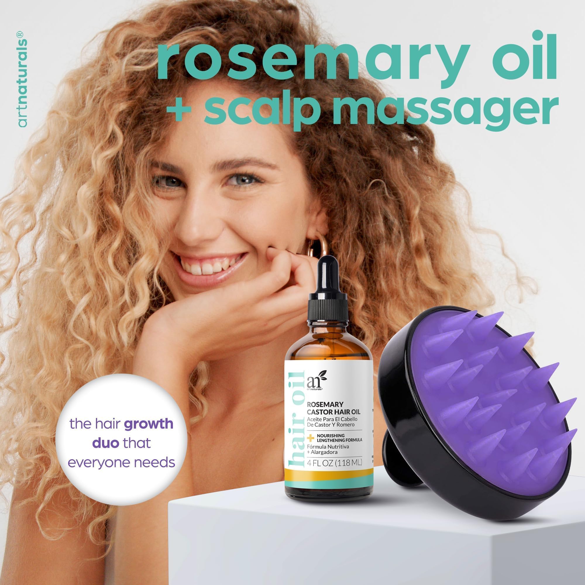 Artnaturals Rosemary Castor Hair Oil massager shown for scalp stimulation and absorption