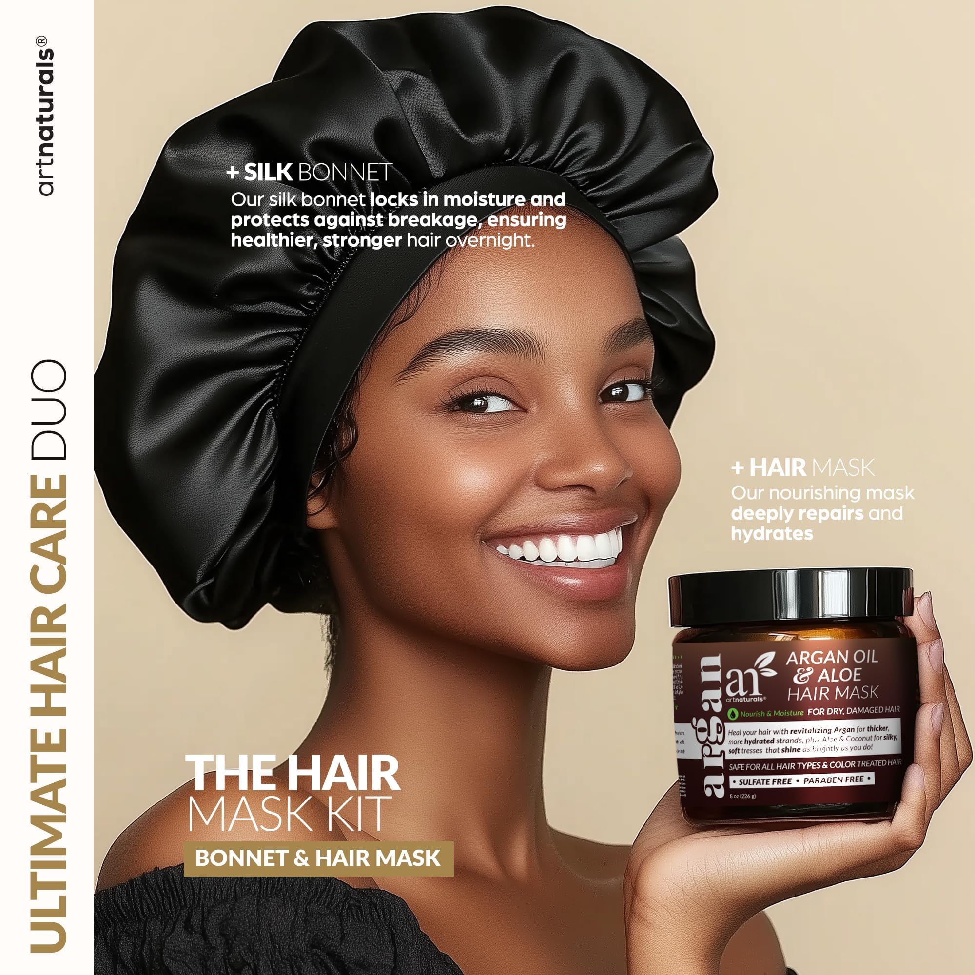 Artnaturals silk satin bonnet close-up showcasing protective sleep wear reduces frizz