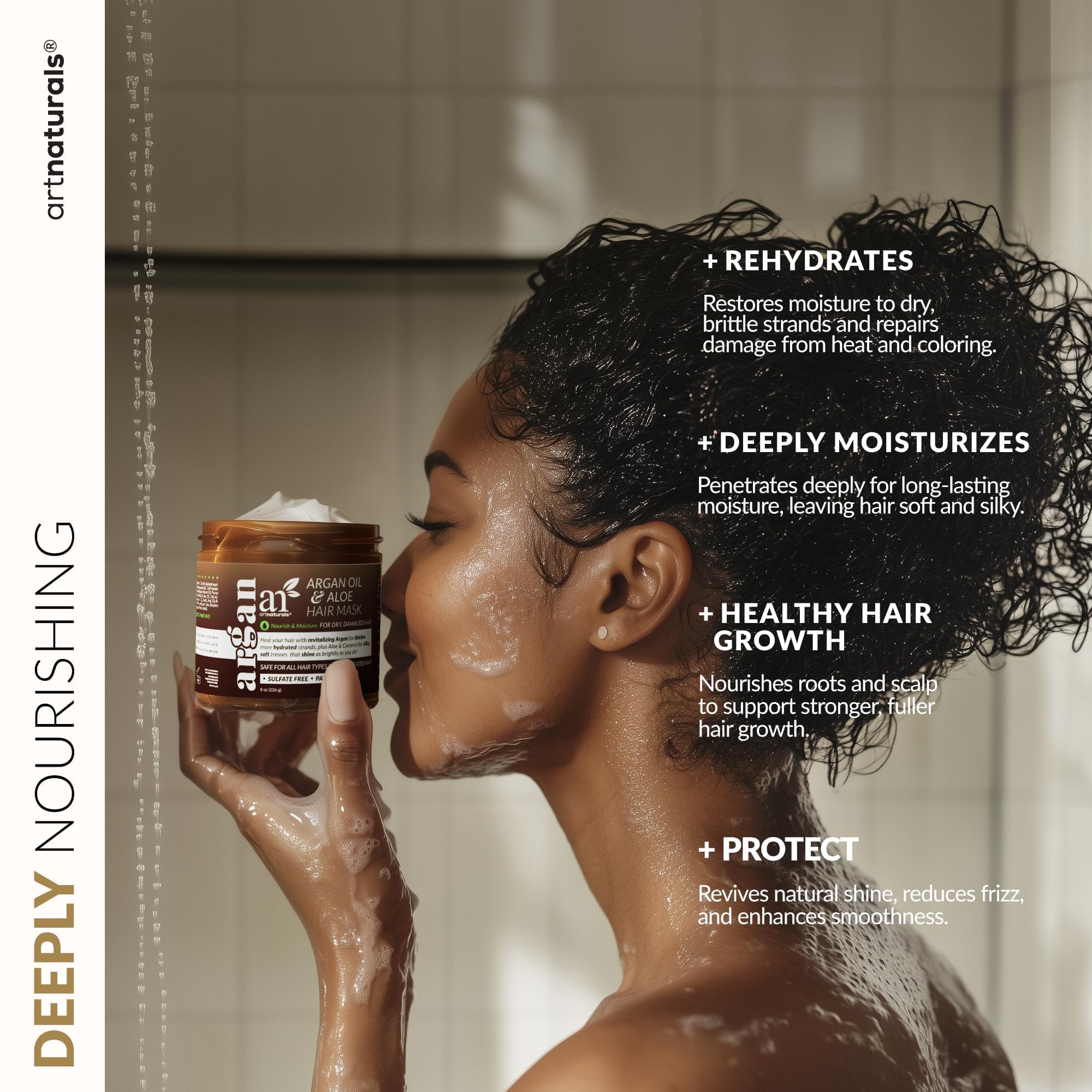 Artnaturals sleep bonnet on head demonstrating moisture retention overnight