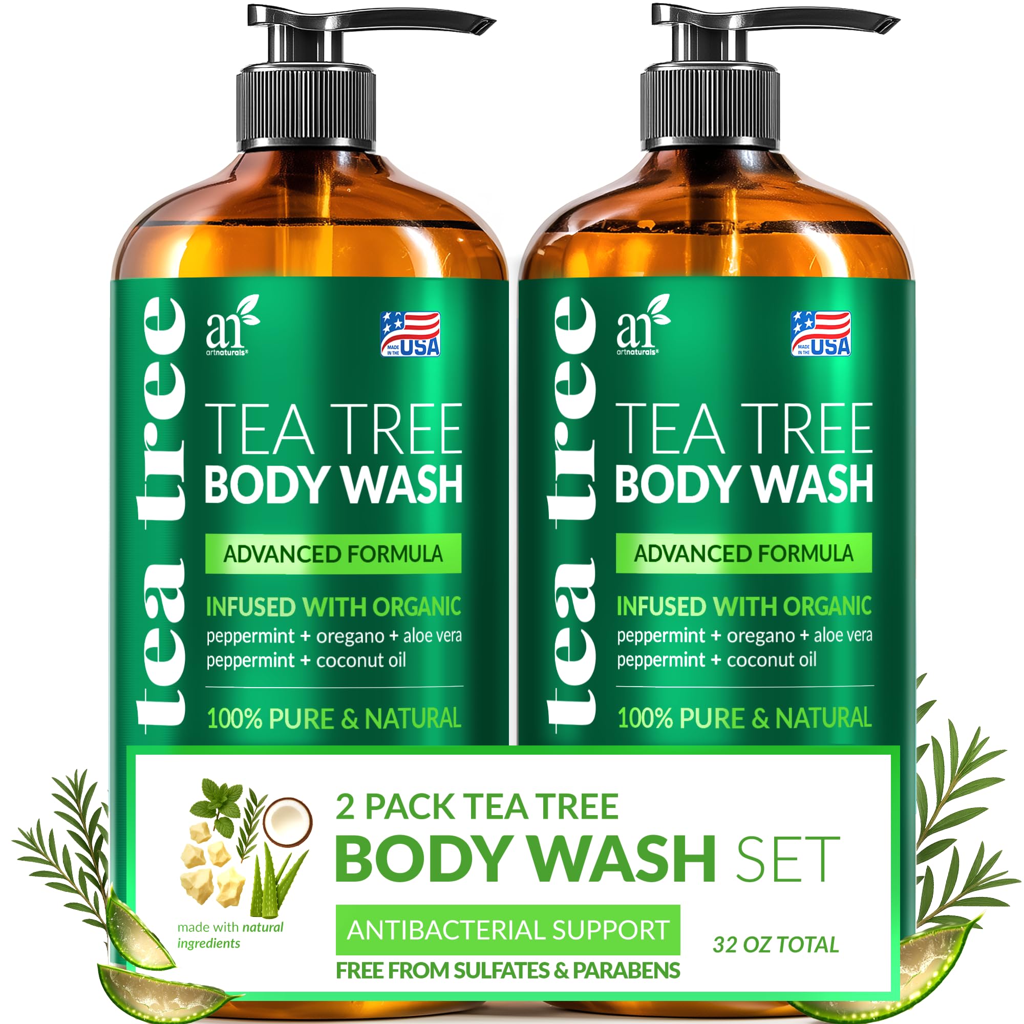 Artnaturals Tea Tree Oil Body Wash bottle pour for a refreshing antibacterial cleanse.