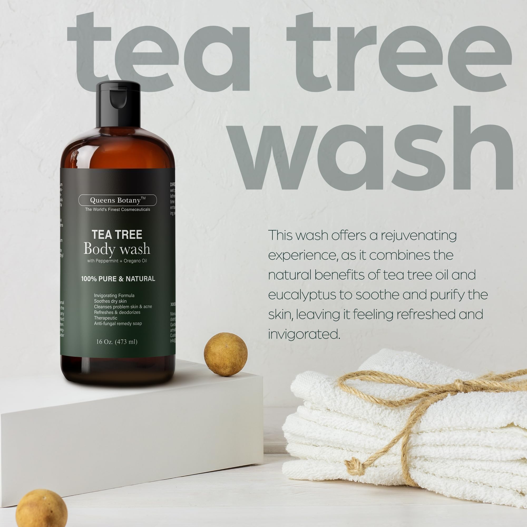 Artnaturals Tea Tree Oil Body Wash label closeup showcasing premium Australian tea tree oil.