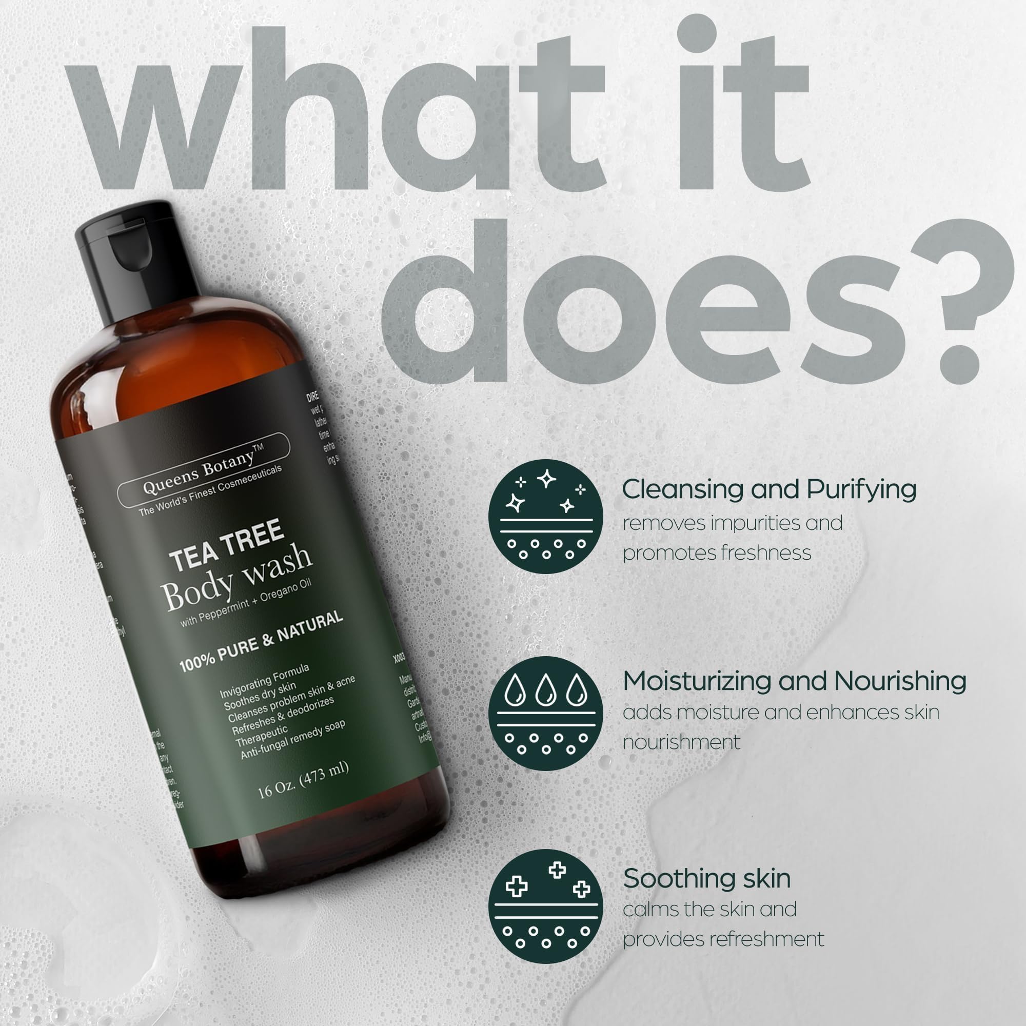 Artnaturals Tea Tree Oil Body Wash suds and lather creating a deep cleansing experience.
